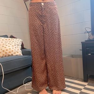 URBAN OUTFITTERS HIGH-RISE BROWN SATIN WIDE-LEGGED PANTS / WHITE POLKA DOTS